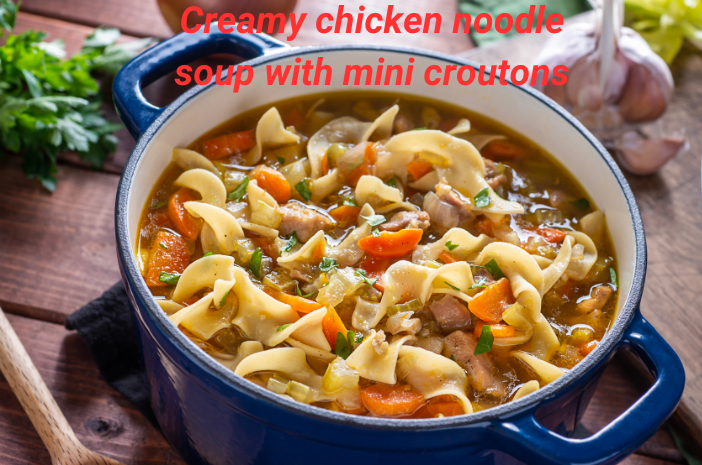 Read more about the article Creamy chicken noodle soup with mini croutons